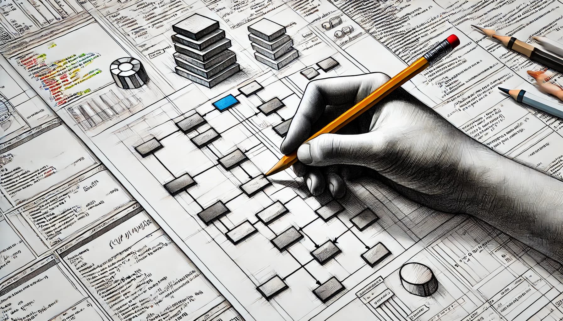Développeur travaillant sur un projet de programmation avec des diagrammes et du code